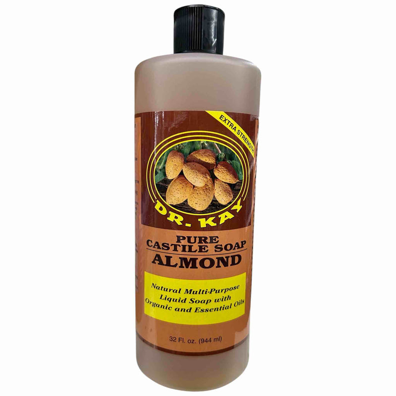 Bottle of Dr. Kay Pure Castile Soap Almond on a white background