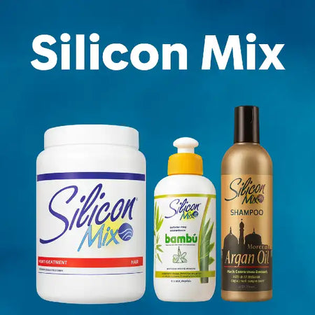 Silicon Mix hair products including shampoo, tratamiento, bambú, and argan oil on a blue background