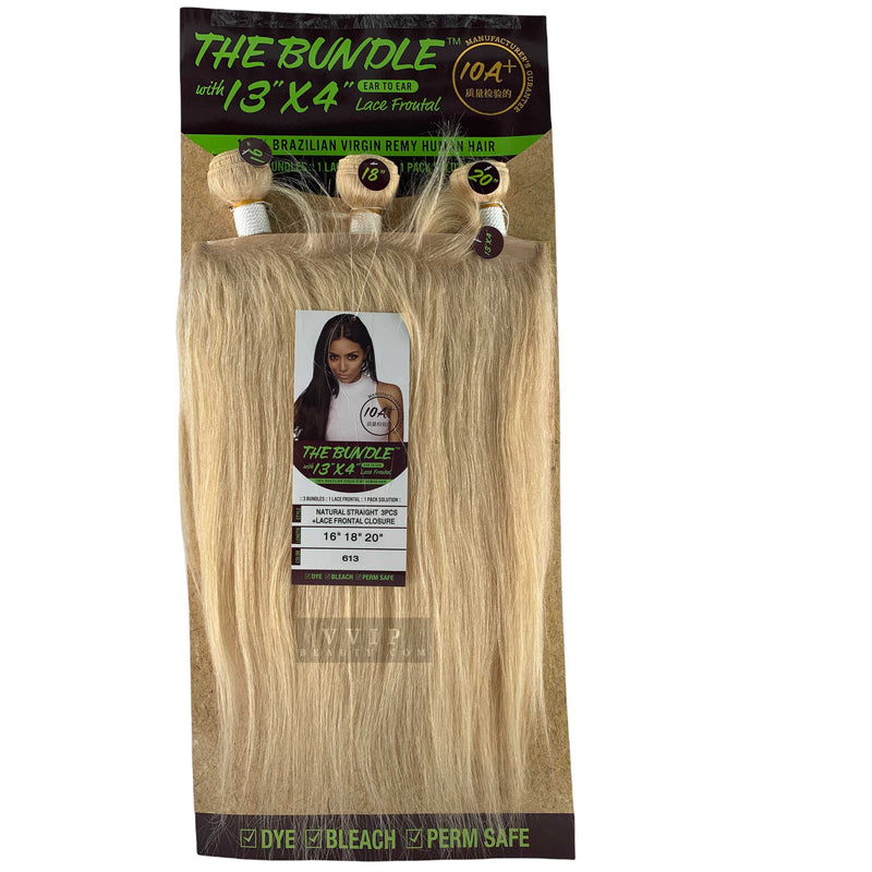 100% Brazilian Virgin Remy Human Natural Straight 3PCS+13"X4" Frontal Lace Closure-613