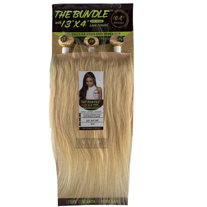 100% Brazilian Virgin Remy Human Natural Straight 3PCS+13"X4" Frontal Lace Closure-613